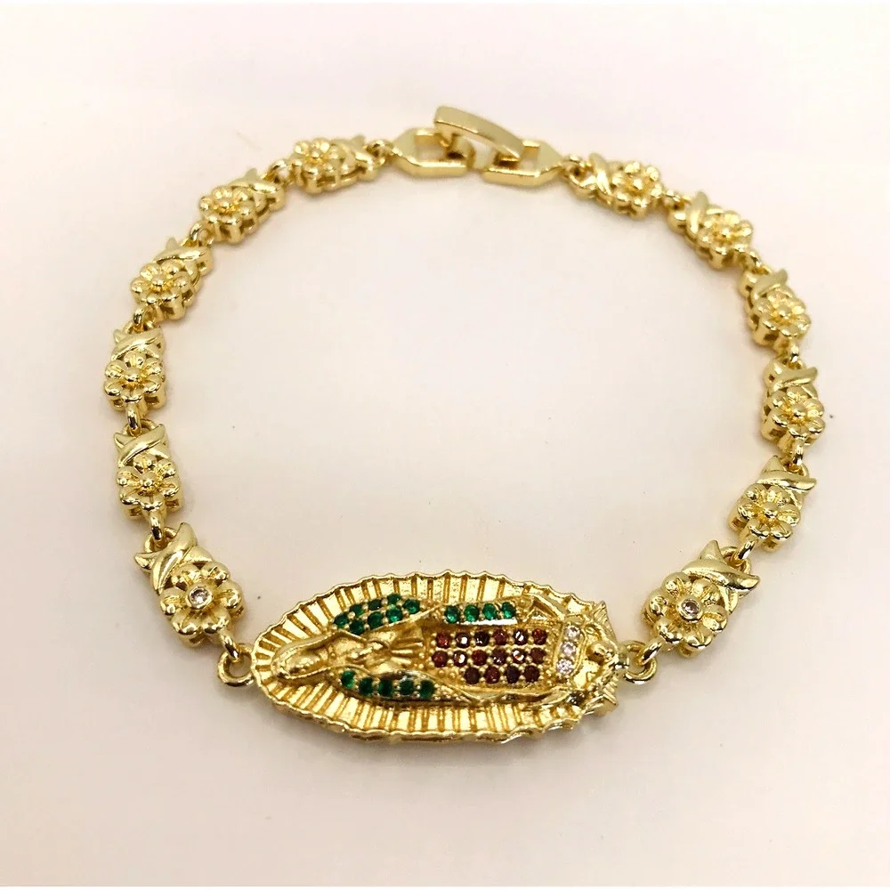14K Gold Plated Floral Bracelet Oro Laminado Virgen De Guadalupe Pulsera 8”
